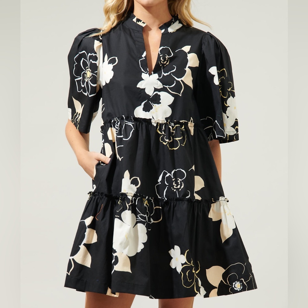 Sugarlips Black Floral Long Sleeve A-Line Dress